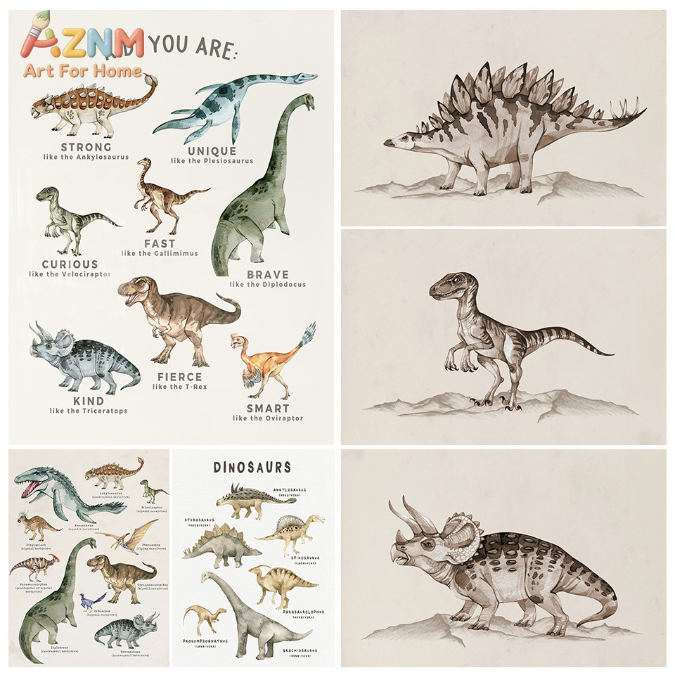 Kids Education Quote - AZNM Aquarell-Dinosaurier-Leinwand-Wandkunst, Kinderposter mit positiven Zitaten,